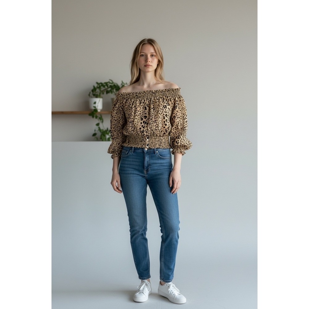Wishlist Apparel Off‎ Shoulder Smocked Leopard Print Bell Sleeve Crop Top Medium